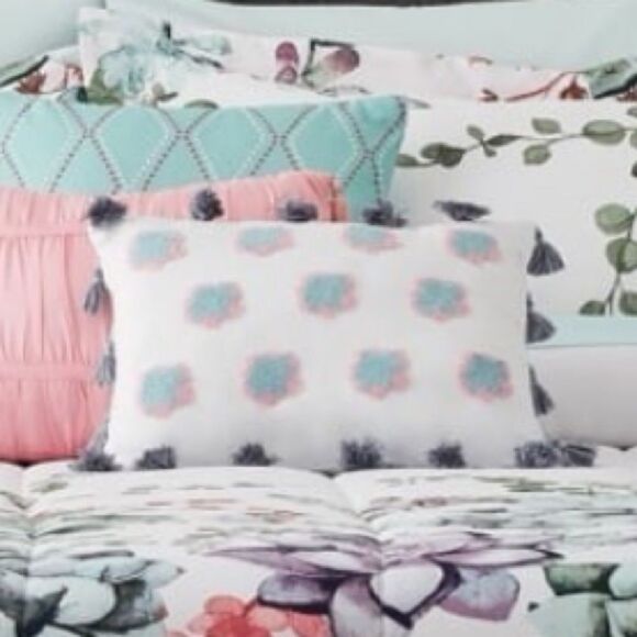 Small Decorative Rectangle Throw Pillow with Clouds and Pompoms - Picture 1 of 7